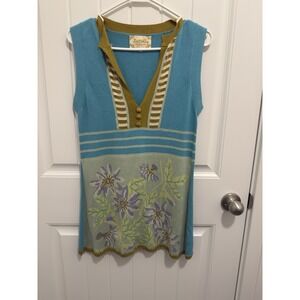 Lia Molly New‎ Orleans Sleeveless V Neck Knit Sweater Tunic Top Blue Floral M
